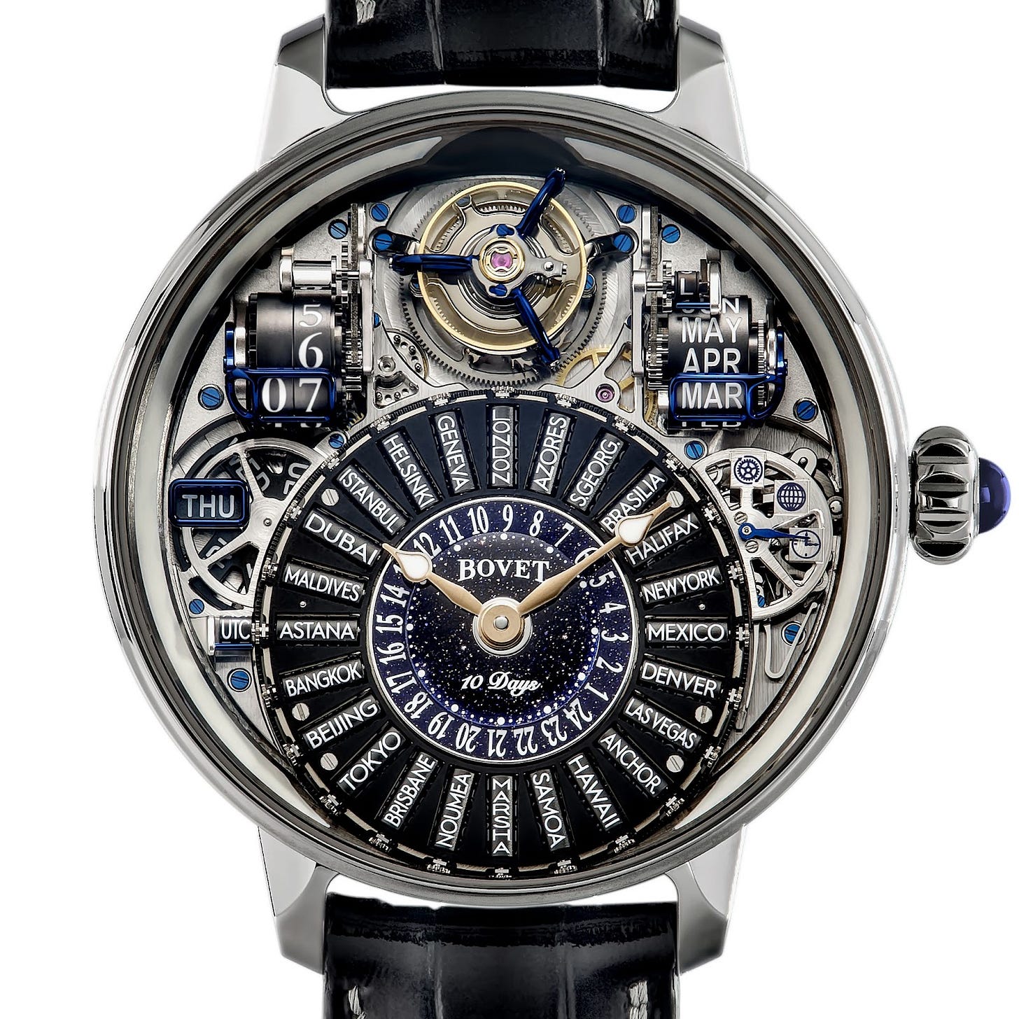 World timer watch with 25 synchronized rollers addressing daylight saving time complexities, featuring a flying tourbillon and 10-day power reserve