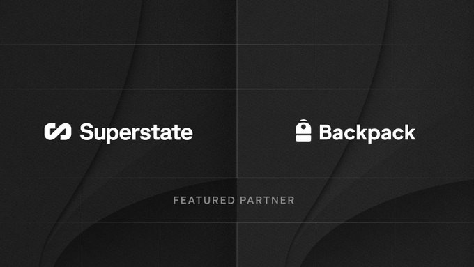Split graphic with dark curved background divided into two panels showing white Superstate logo on left and white Backpack logo on right with text Featured Partner below logos