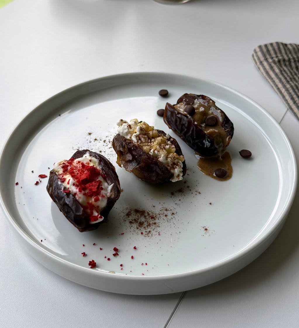 “Greek yogurt and dried strawberry stuffed dates, a sweet and protein-packed snack ready in 15 minutes.”