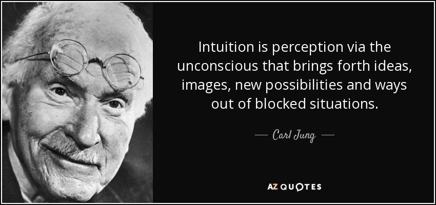 A black-and-white head shot photo of Carl Jung along with the quote, "Intuition is perception via the  unconscious that brings forth ideas, images, new possibilities and ways out of blocked situations. - Carl Jung"