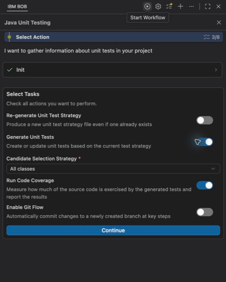 Bob's Select Tasks panel with test generation and coverage enabled, All classes selected, and Git Flow disabled. Bob's Select Tasks panel with test generation and coverage enabled, All classes selected, and Git Flow disabled.