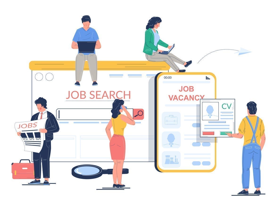 Illustration of job seekers in front of a screen that reads "Job Search."