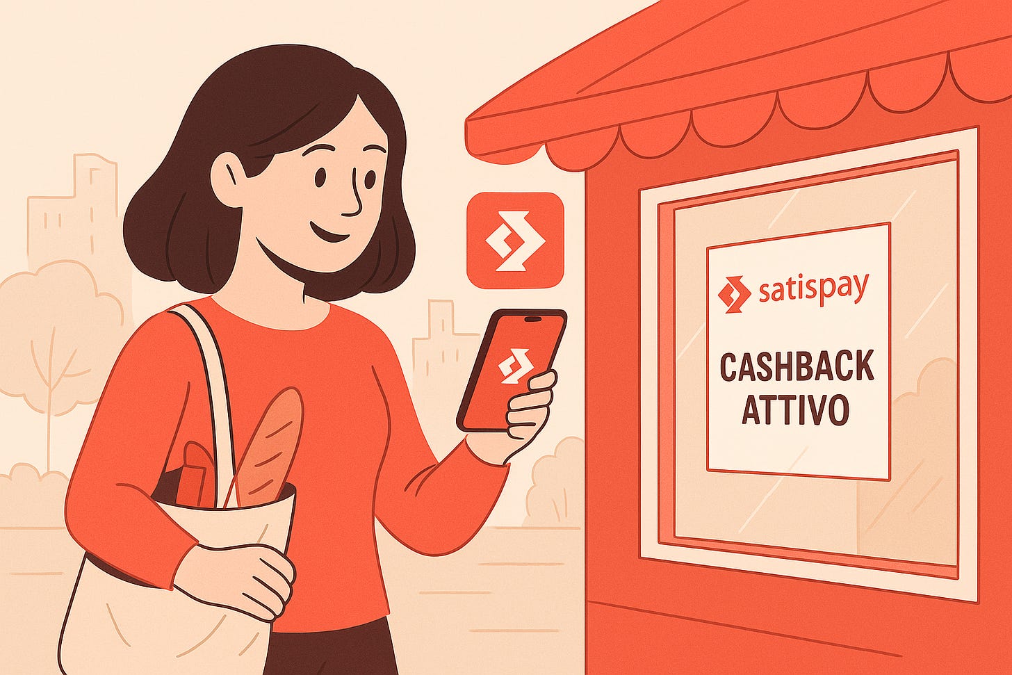 Donna che esce dal supermercato controllando il cashback ricevuto con Satispay sull'app, illustrazione urbana con logo Satispay visibile Donna che esce dal supermercato controllando il cashback ricevuto con Satispay sull'app, illustrazione urbana con logo Satispay visibile