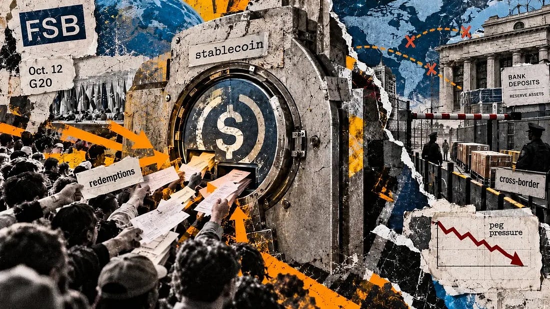 Stablecoin holders rush toward a redemption vault while bank reserves remain behind a guarded border checkpoint and blocked transfer routes.