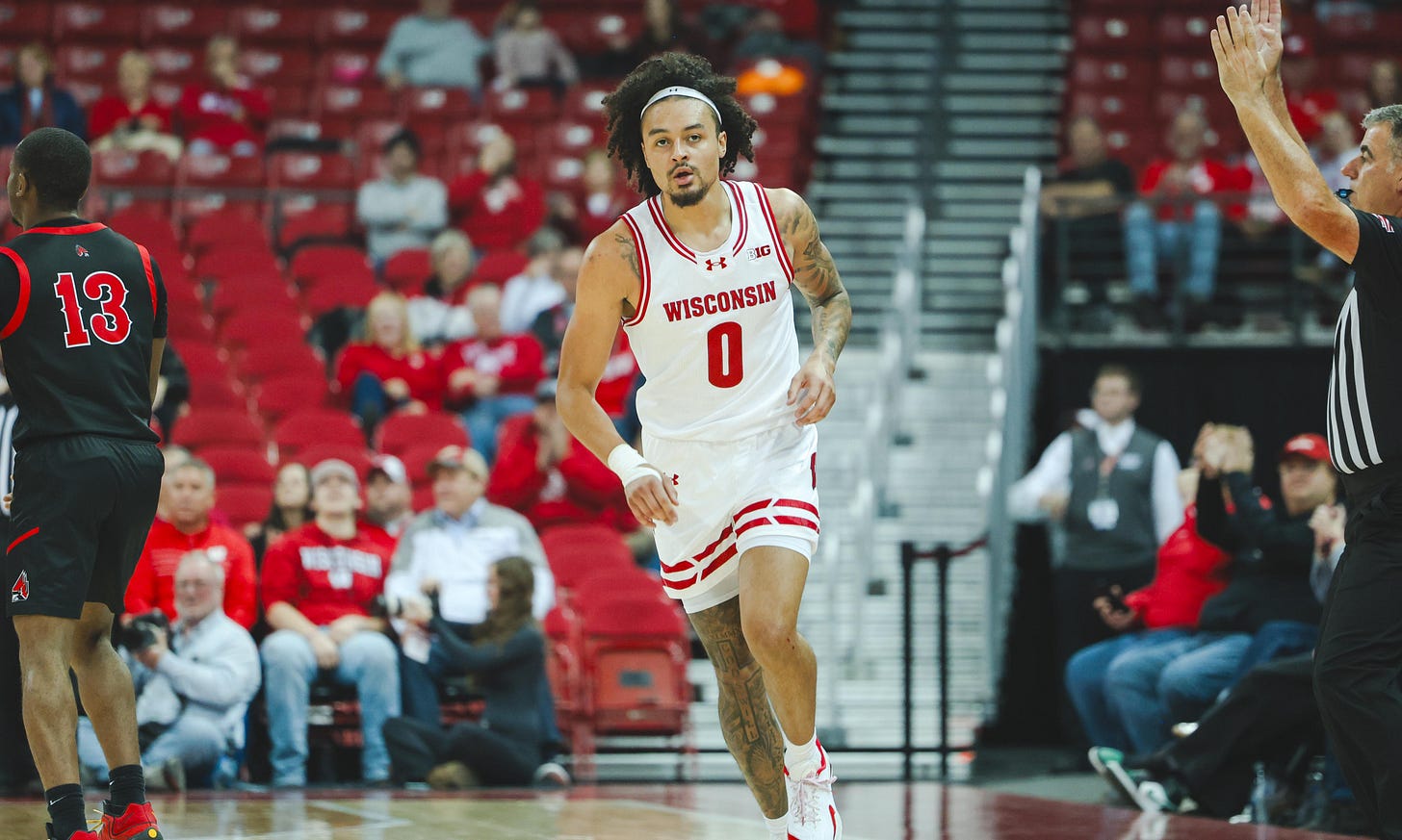 Wisconsin Badgers guard Braeden Carrington runs down the floor at the Kohl Center after knocking down a 3-pointer. Wisconsin Badgers guard Braeden Carrington runs down the floor at the Kohl Center after knocking down a 3-pointer.