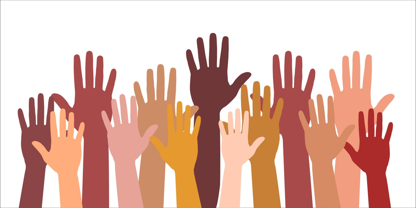 Drawing of several raised hands of different colors. Drawing of several raised hands of different colors.