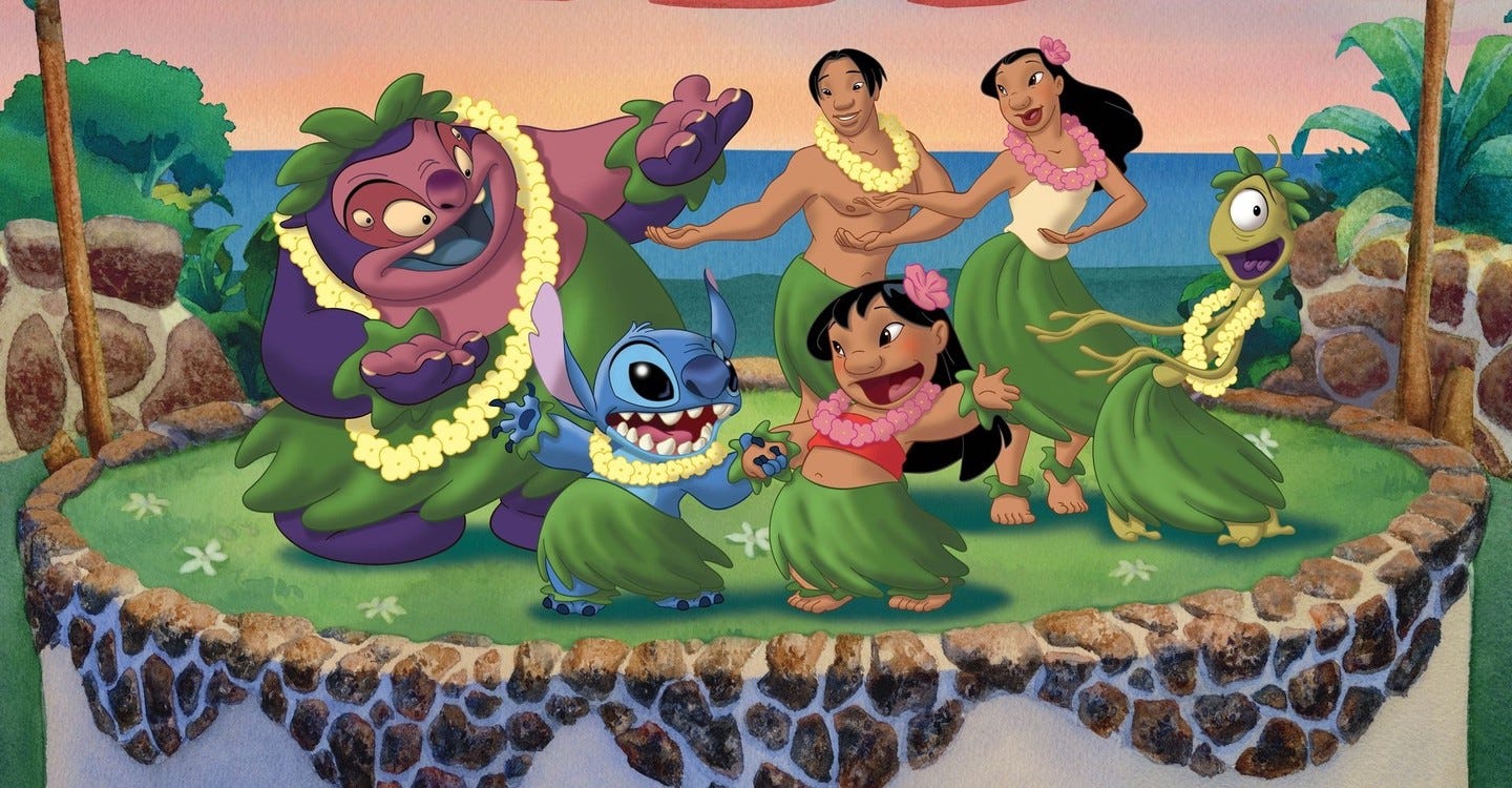 Jumba, Pleakley, David, Nani, Lilo, and Stitch hula dancing in Lilo & Stitch 2.