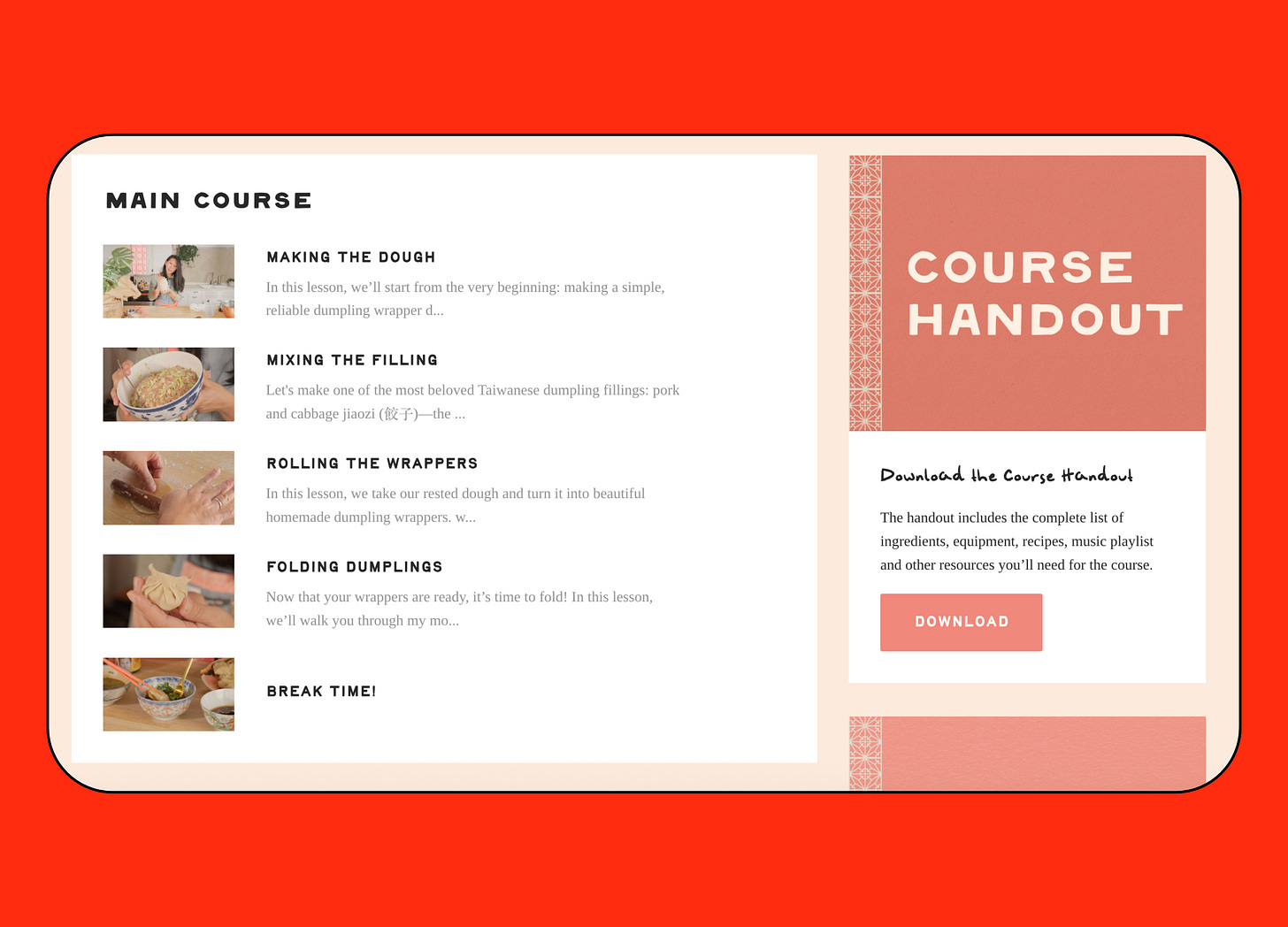 A screenshot of the dumpling course syllabus from The Dumpling Club