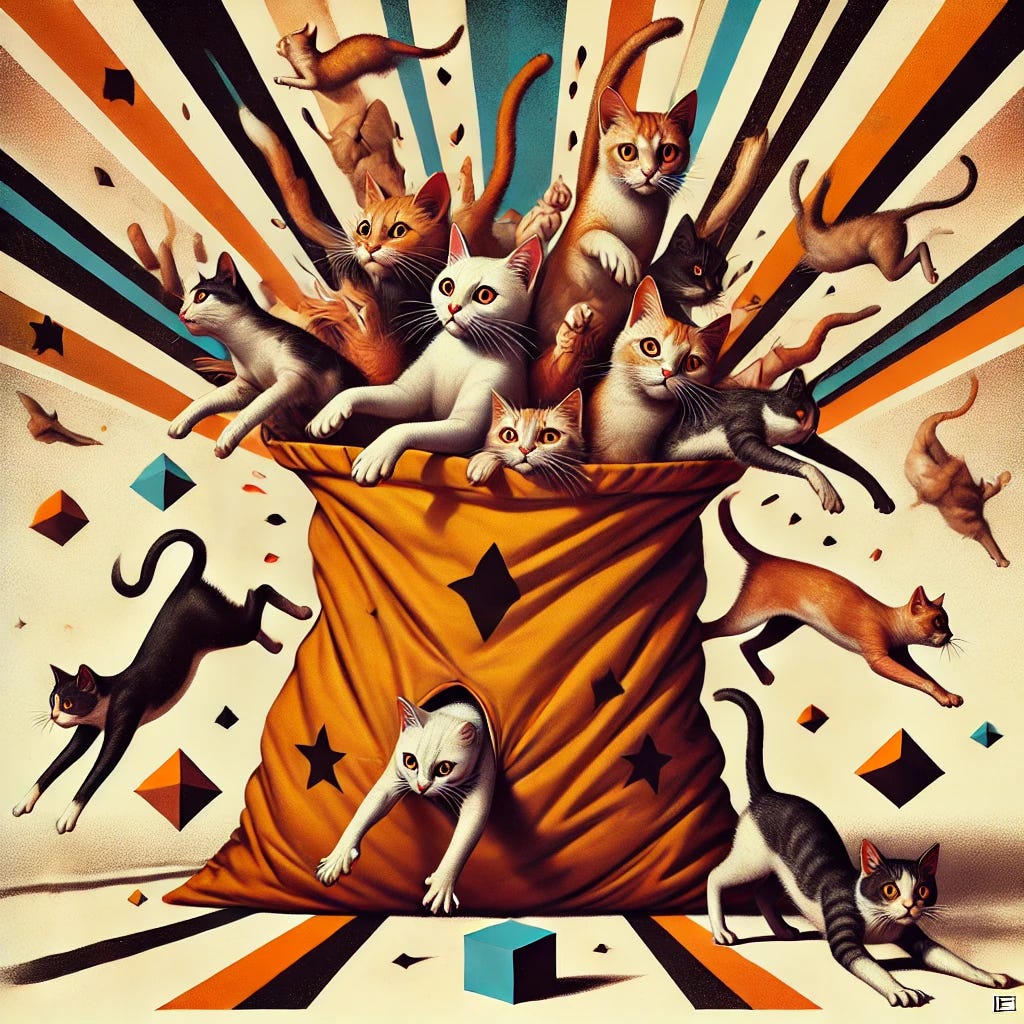 Uma imagem surrealista de um saco aberto com gatos dentro, mostrando apenas suas cabeças e patas saindo do saco de forma dinâmica e caótica. O saco está cercado por formas abstratas que simbolizam tensões ideológicas, como cruzes distorcidas e padrões geométricos conflitantes. Os gatos estão expressivos e variados em suas cores e posições, criando uma sensação de energia contida prestes a explodir. O cenário é vibrante e dramático, destacando a interação entre o saco e os gatos. Uma imagem surrealista de um saco aberto com gatos dentro, mostrando apenas suas cabeças e patas saindo do saco de forma dinâmica e caótica. O saco está cercado por formas abstratas que simbolizam tensões ideológicas, como cruzes distorcidas e padrões geométricos conflitantes. Os gatos estão expressivos e variados em suas cores e posições, criando uma sensação de energia contida prestes a explodir. O cenário é vibrante e dramático, destacando a interação entre o saco e os gatos.