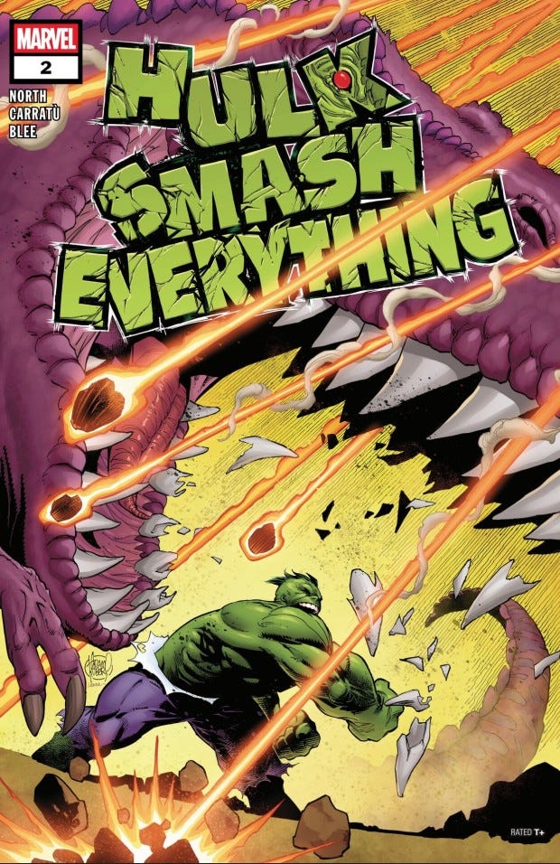Cover of Hulk Smash Everything #2 showing the Hulk facing a giant purple dinosaur-like predator as fiery debris from the Chicxulub asteroid impact streaks across the sky. The Hulk braces for battle amid explosions, flying rock fragments, and glowing meteors, while the dinosaur lunges forward with its jaws open. The title "Hulk Smash Everything" dominates the top of the cover.