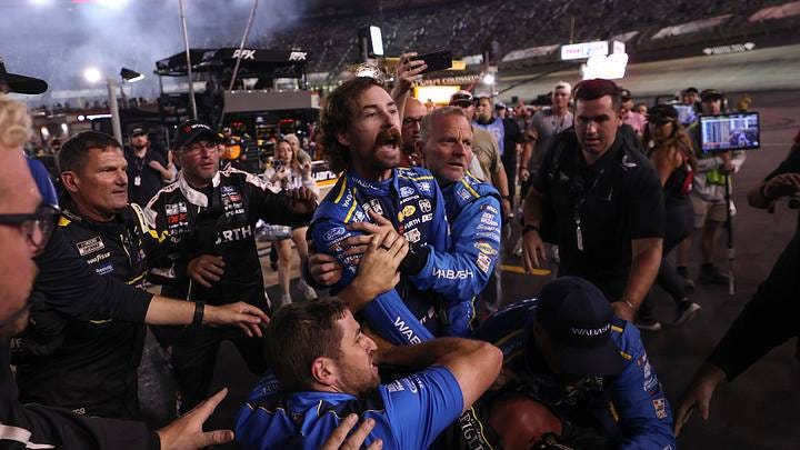 Ryan Blaney, driver of the #12 WABASH Ford, is separated from an altercation with Carson Hocevar, driver of the #77 Zeigler Auto Group Chevrolet, (not pictured) after the NASCAR Cup Series Bass Pro Shops Night Race at Bristol Motor Speedway on September 19, 2026 in Bristol, Tennessee. Ryan Blaney, driver of the #12 WABASH Ford, is separated from an altercation with Carson Hocevar, driver of the #77 Zeigler Auto Group Chevrolet, (not pictured) after the NASCAR Cup Series Bass Pro Shops Night Race at Bristol Motor Speedway on September 19, 2026 in Bristol, Tennessee.