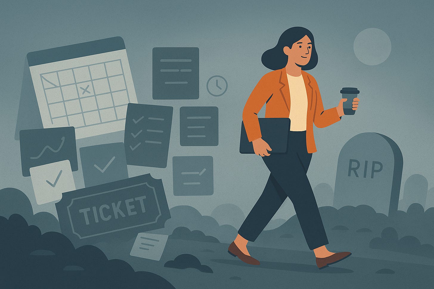 Empowered PM walking out of a graveyard of tickets, to-do lists, calendars and tasks.