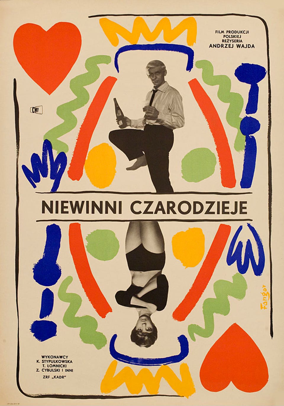 Wojciech Fangor’s poster for ‘Innocent Sorcerers’ (‘Niewinni czarodzieje’, 1960), featuring black-and-white images of Bazyli (Tadeusz Łomnicki) and Pelagia (Krystyna Stypułkowska) in the middle of a layout suggesting a playing card. Wojciech Fangor’s poster for ‘Innocent Sorcerers’ (‘Niewinni czarodzieje’, 1960), featuring black-and-white images of Bazyli (Tadeusz Łomnicki) and Pelagia (Krystyna Stypułkowska) in the middle of a layout suggesting a playing card.