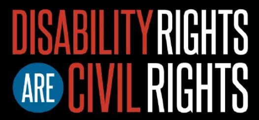 On a black background, Disability Rights Are Civil Rights is written in all capital letters each word alternating in red and white lettering on a black background. “Are” is written in white on a blue circle background.