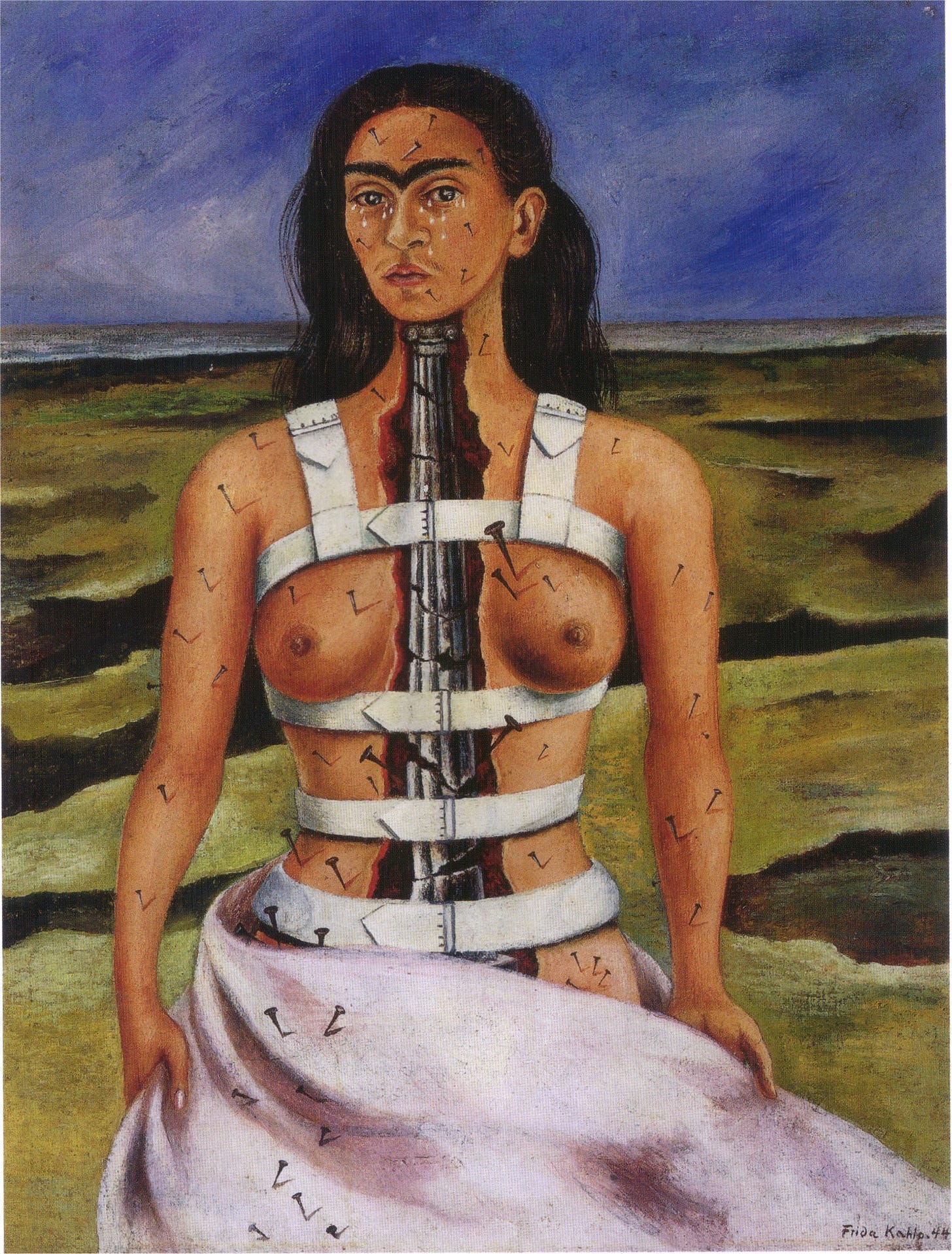 Frida Kahlo, The Broken Column, a self portrait with a cracked column for a spine, surgical straps and nails across the skin Frida Kahlo, The Broken Column, a self portrait with a cracked column for a spine, surgical straps and nails across the skin