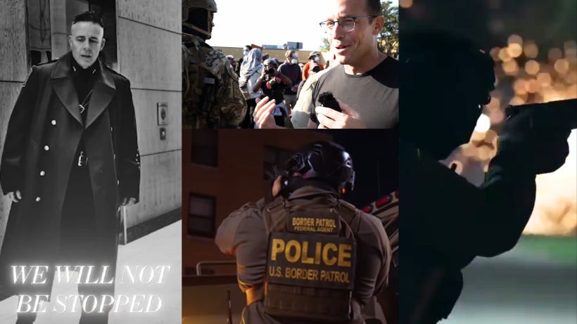 Screenshots from four videos show U.S. Border Patrol commander Gregory Bovino, two agents holding weapons and right-wing internet personality Benny Johnson.