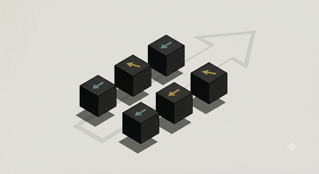 Six small matte-black cubes on a clean, light neutral background, each cube carrying one small, crisp accent-colored arrow on its top face, every small arrow pointing in nearly the same direction with slight individual deviations. Behind the group, one large, pale ghosted arrow formed by the cubes’ combined drift points in a clearly different direction from any of the individual arrows. Six small matte-black cubes on a clean, light neutral background, each cube carrying one small, crisp accent-colored arrow on its top face, every small arrow pointing in nearly the same direction with slight individual deviations. Behind the group, one large, pale ghosted arrow formed by the cubes’ combined drift points in a clearly different direction from any of the individual arrows.