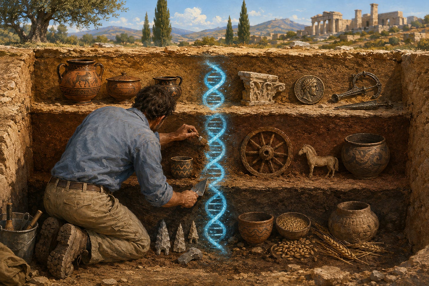 The author excavating a glowing DNA helix through deep, prehistoric and historical archaeological layers