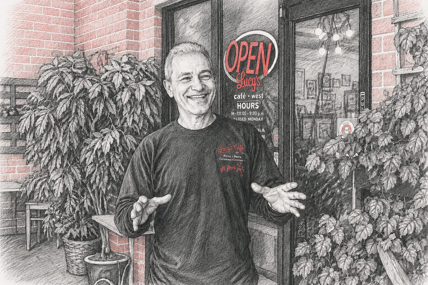 man standing before a restaurant
