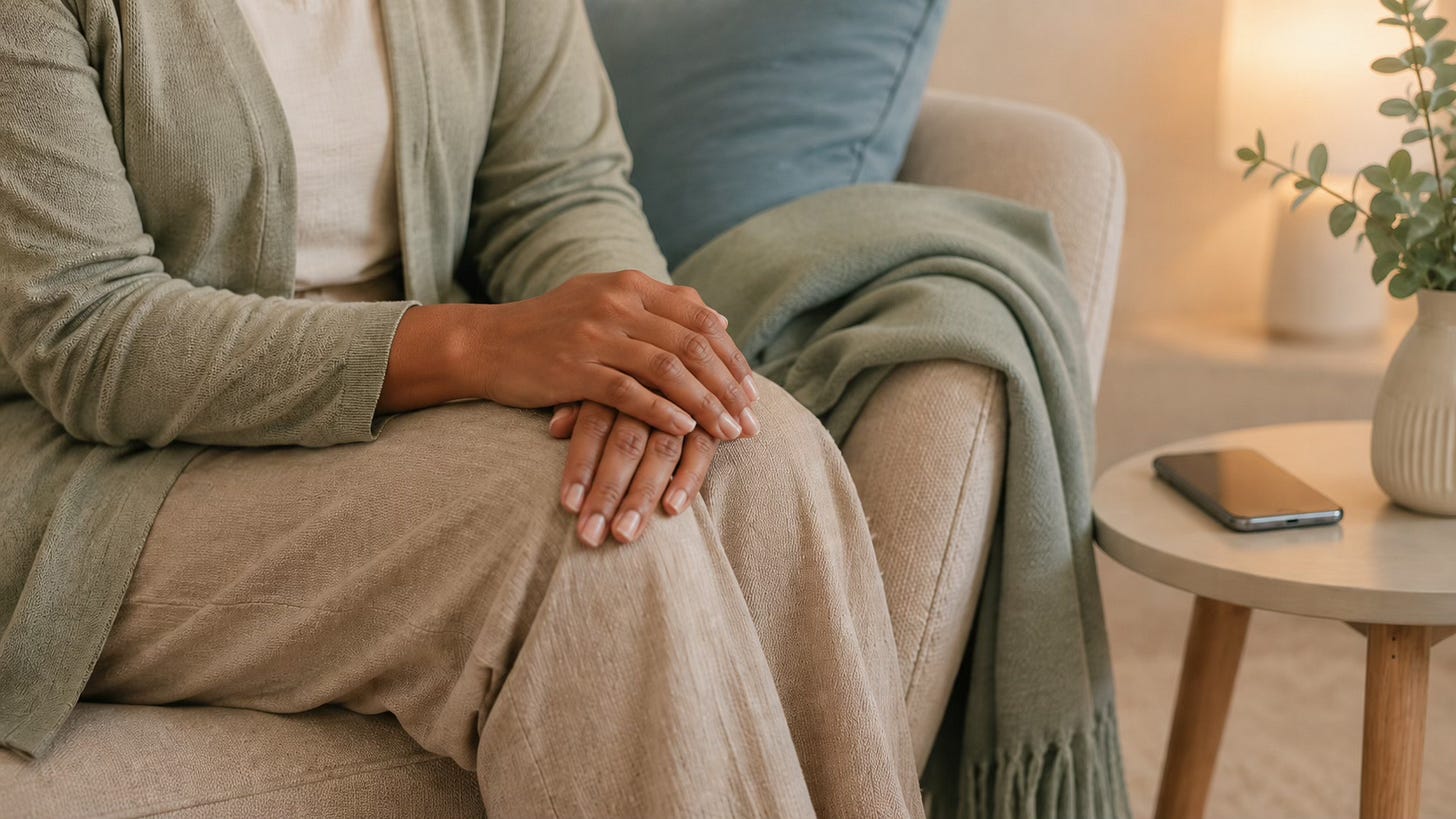 Hands resting calmly beside a phone, representing pausing before reacting to relationship anxiety.