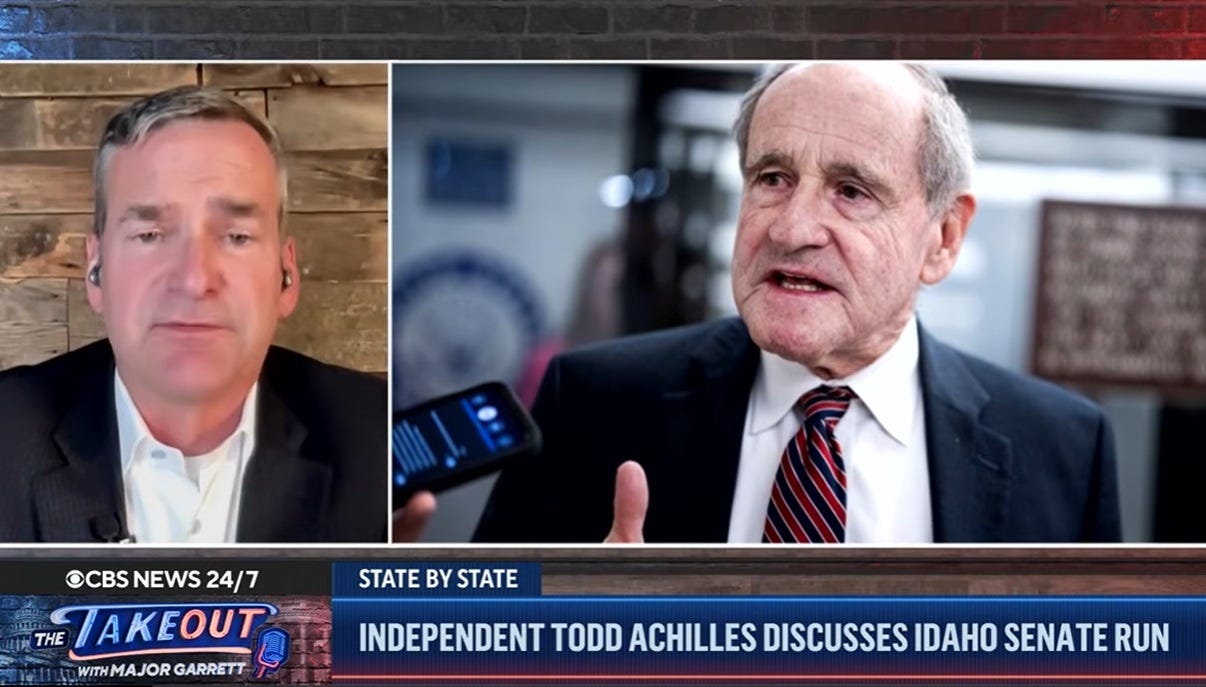 Screenshot of interview contrasting the 58-year-old Todd Achilles with a photo of the 82-year-old incumbent Jim Risch. Chyron reads 'Independent Todd Achille discusses Idaho Senate run" Screenshot of interview contrasting the 58-year-old Todd Achilles with a photo of the 82-year-old incumbent Jim Risch. Chyron reads 'Independent Todd Achille discusses Idaho Senate run"