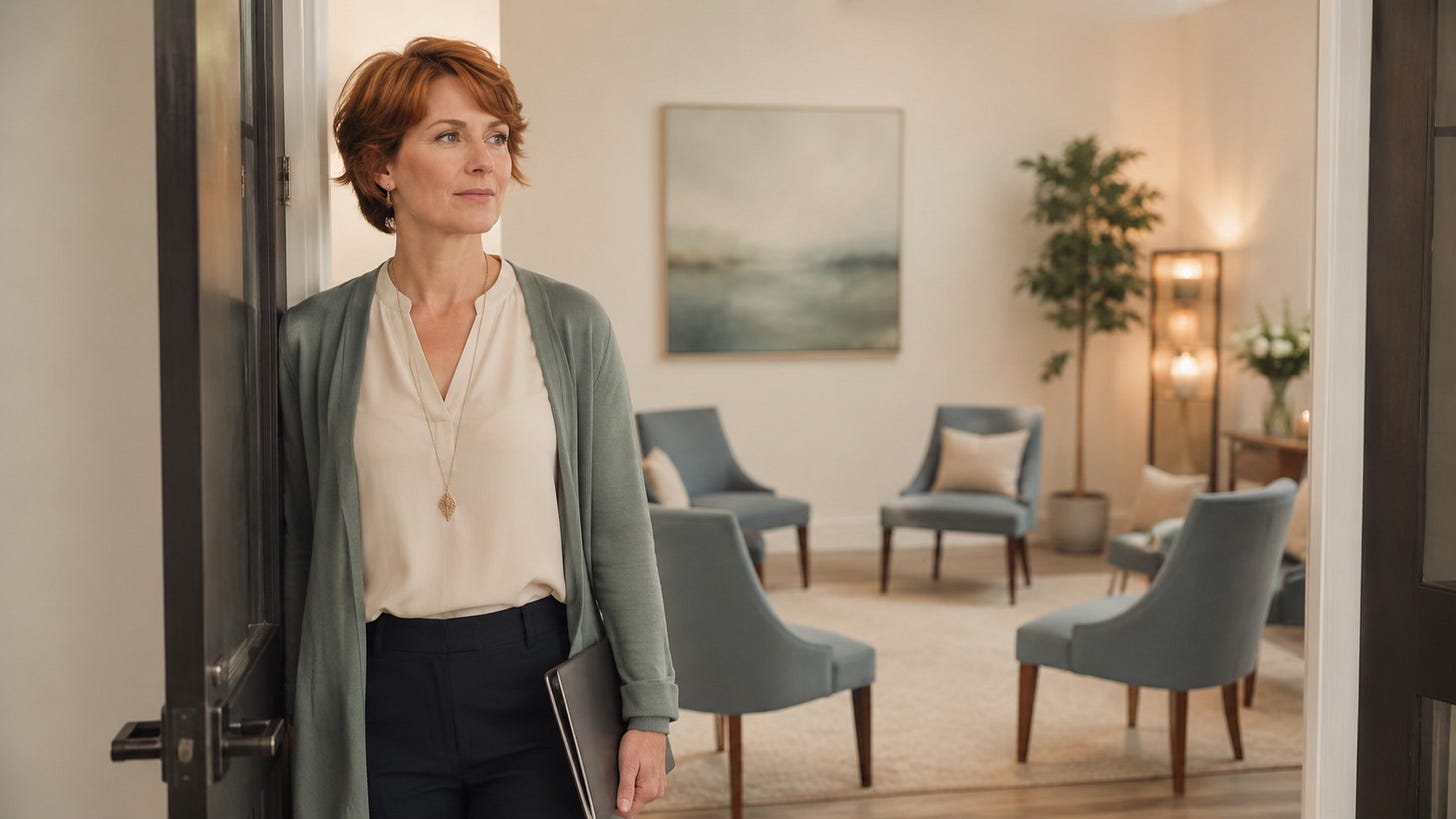 Woman standing near a softly lit doorway, reflecting before stepping into a professional space.