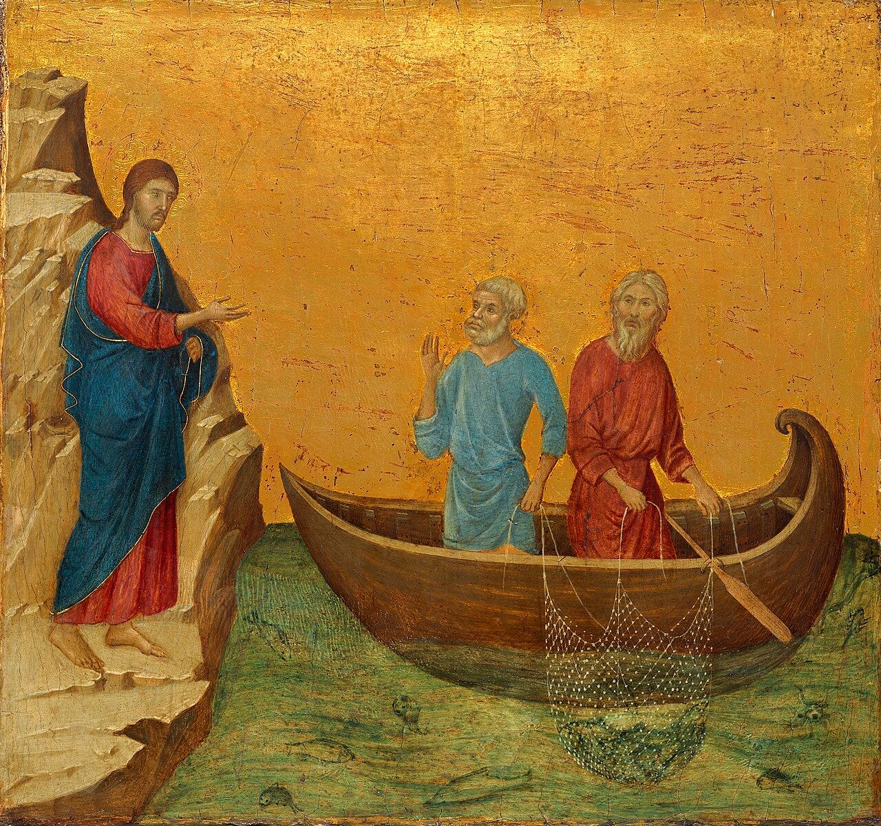 Apostles in boat with net