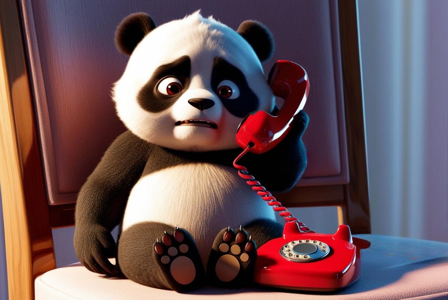 Illustration of a sad cartoon panda crying while talking on a red corded telephone
