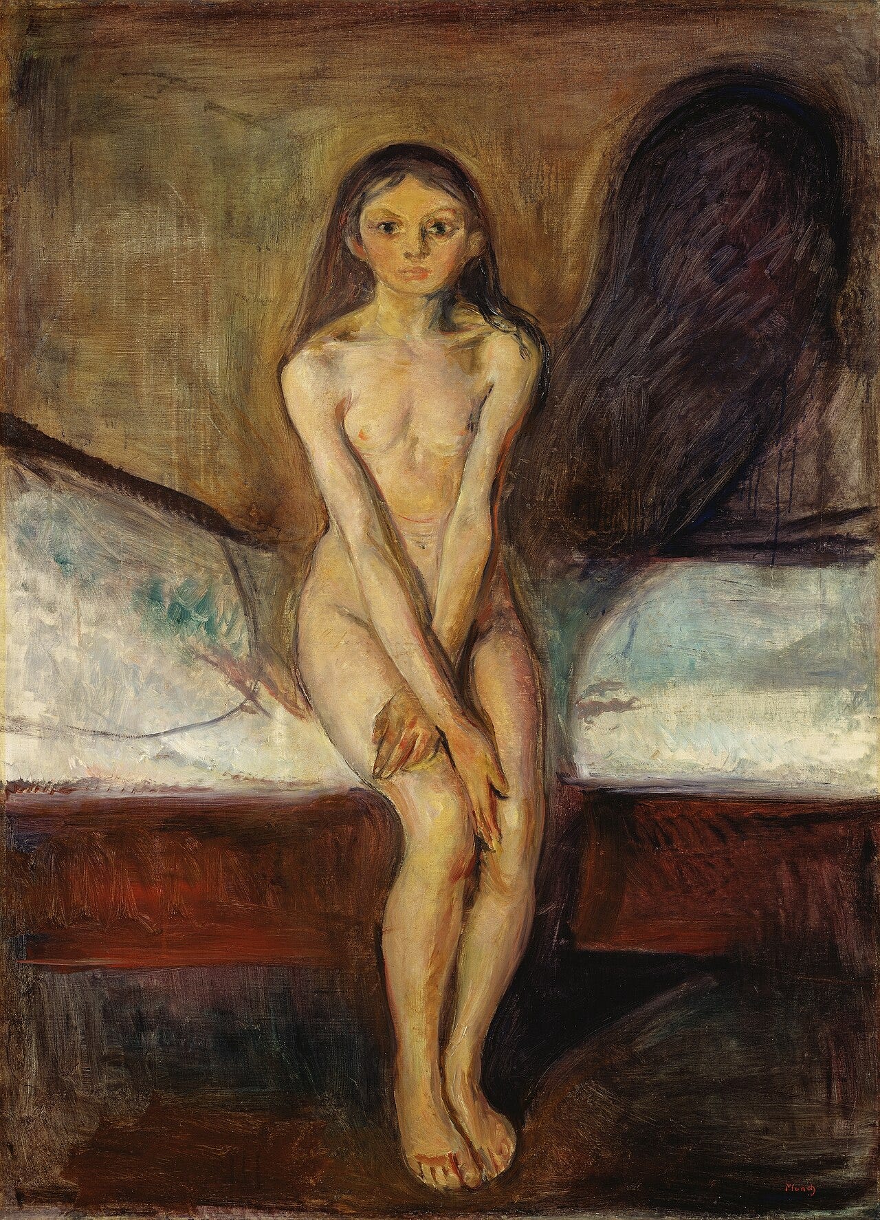 Munch's Puberty, a young girl sitting on a bed with a large dark shadow behind her Munch's Puberty, a young girl sitting on a bed with a large dark shadow behind her