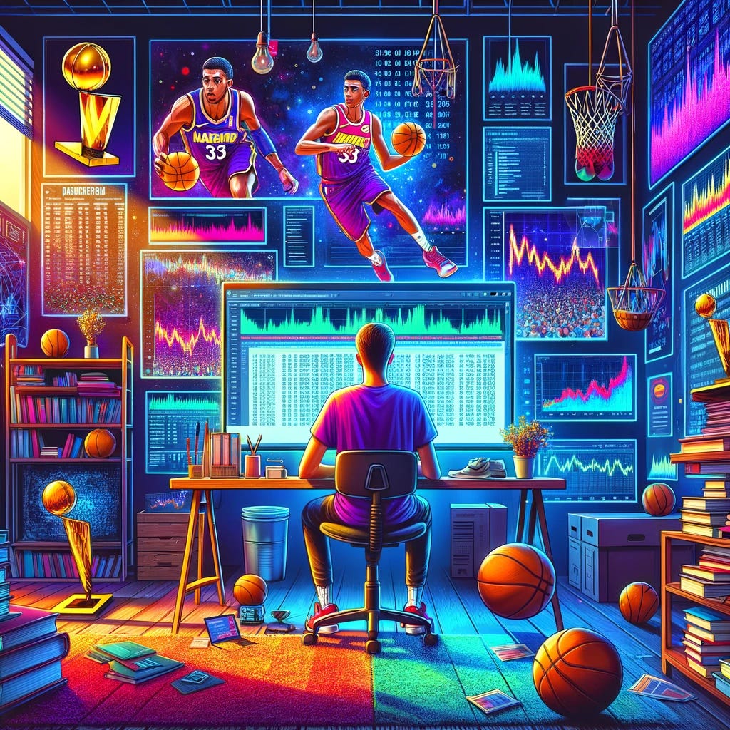 A vivid illustration depicting a young data scientist working on an NBA MVP prediction project in an office environment. The scene shows the scientist analyzing a large dataset on a computer with multiple screens displaying statistical charts and graphs about basketball players. The room is filled with NBA memorabilia, including posters of Nikola Jokic, basketballs, and trophies. The atmosphere is tech-oriented, with books on machine learning and data analysis scattered around. The focus is on the blend of sports enthusiasm and advanced data analytics.