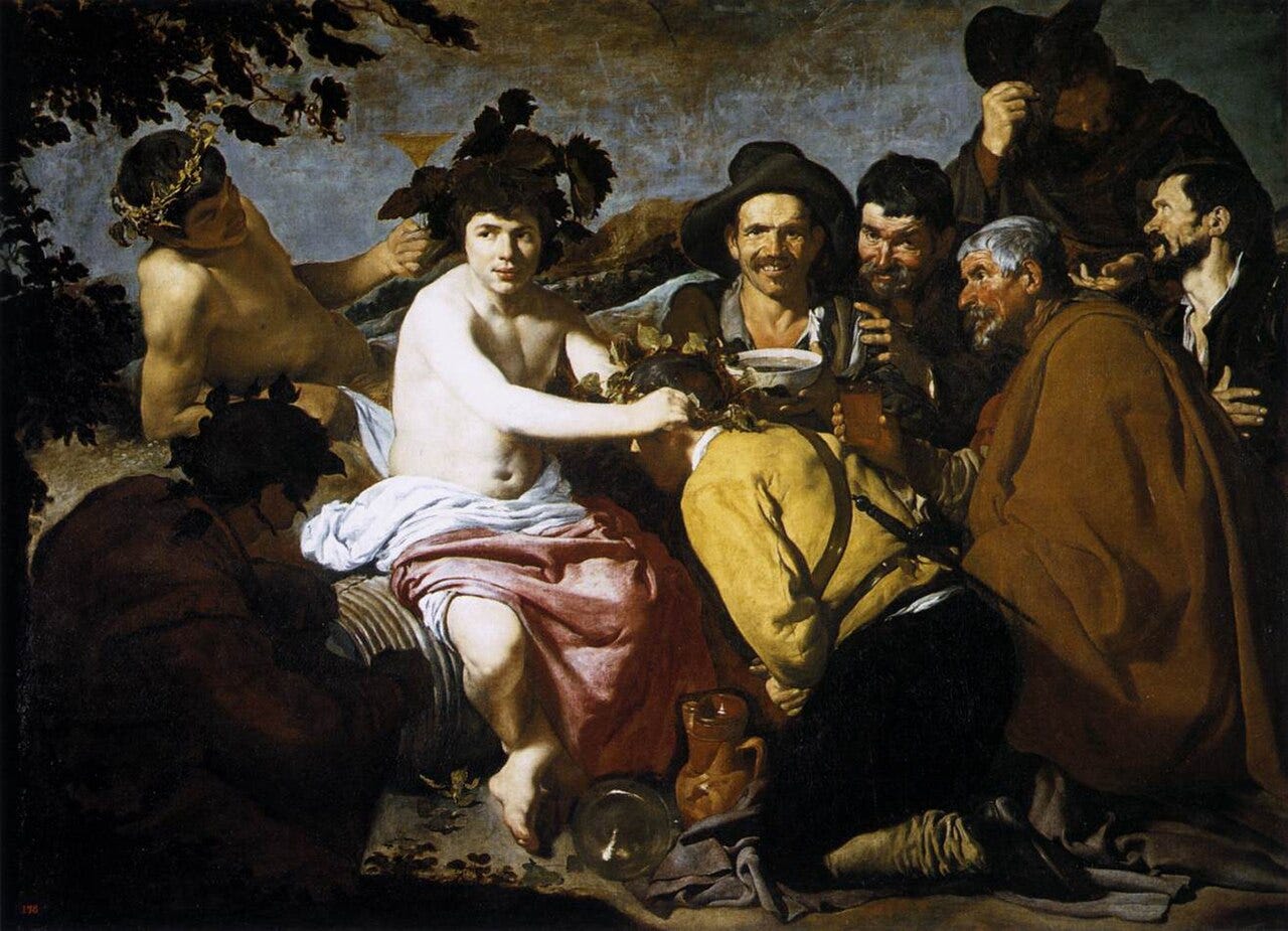 A pale Bacchus crowning a kneeling soldier among grinning peasants