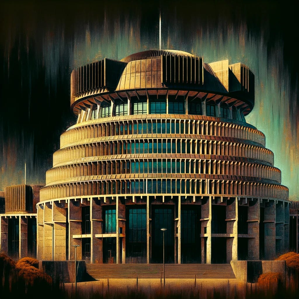 An abstract image depicting New Zealand's iconic Beehive building as a jail. The Beehive, known for its unique circular architecture and stepped terrace design, is reimagined with dark, foreboding colors and heavy shadows to convey a sense of incarceration. The windows are replaced with bars, creating a stark contrast against the building's otherwise familiar facade. The background is slightly blurred to draw focus to the transformed Beehive, and the overall atmosphere of the image is somber and thought-provoking, reflecting the serious nature of MPs being convicted of crimes.