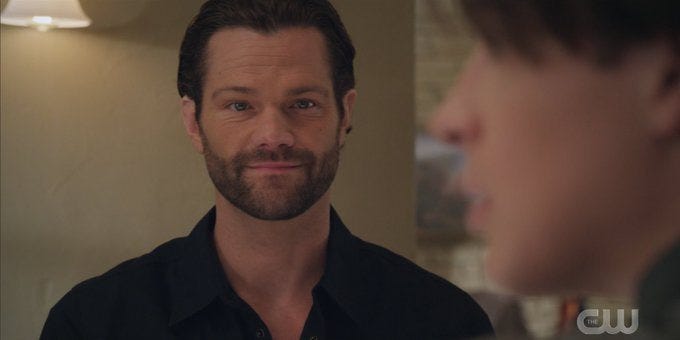 Jared Padalecki looking at gay son Augie proudly at dinner on Walker. Jared Padalecki looking at gay son Augie proudly at dinner on Walker.