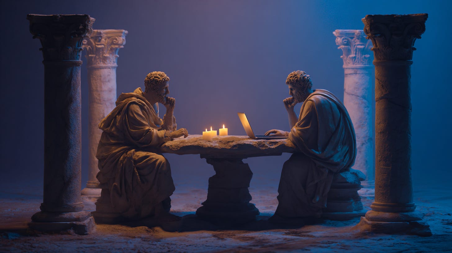 A Roman Stoic philosopher and a modern software developer sitting across from each other at a weathered stone table
