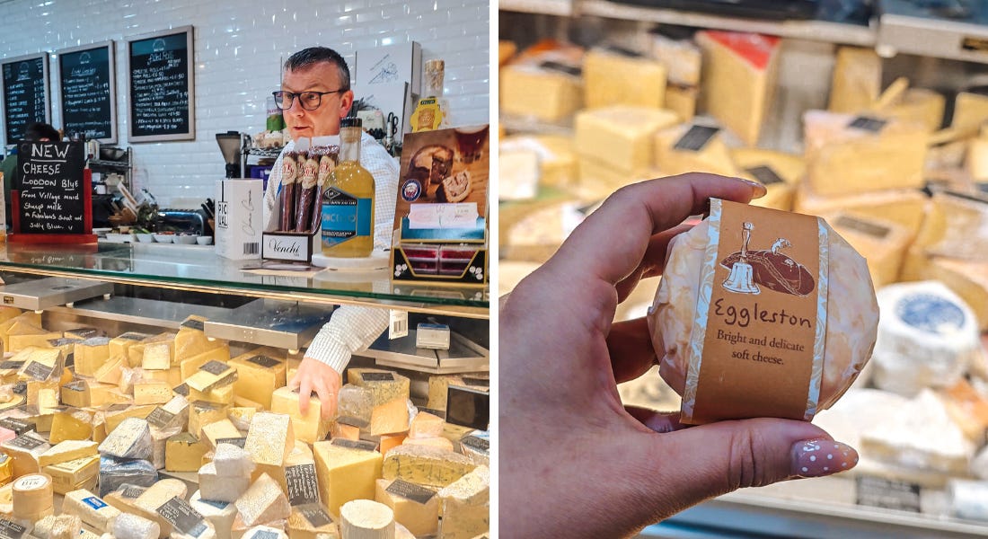 Two pictures - one of a man behind a cheese counter grabbing a wedge of cheese, and one of a orange circle of cheese behind held by a hand