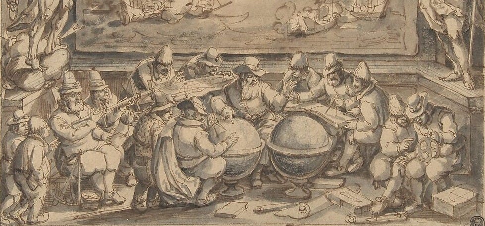 Petrus Plancius Instructing Students in the Science of Navigation, David Vinckboons (Netherlandish, Mechelen 1576–1629 Amsterdam), Black and brown ink and wash Petrus Plancius Instructing Students in the Science of Navigation, David Vinckboons (Netherlandish, Mechelen 1576–1629 Amsterdam), Black and brown ink and wash