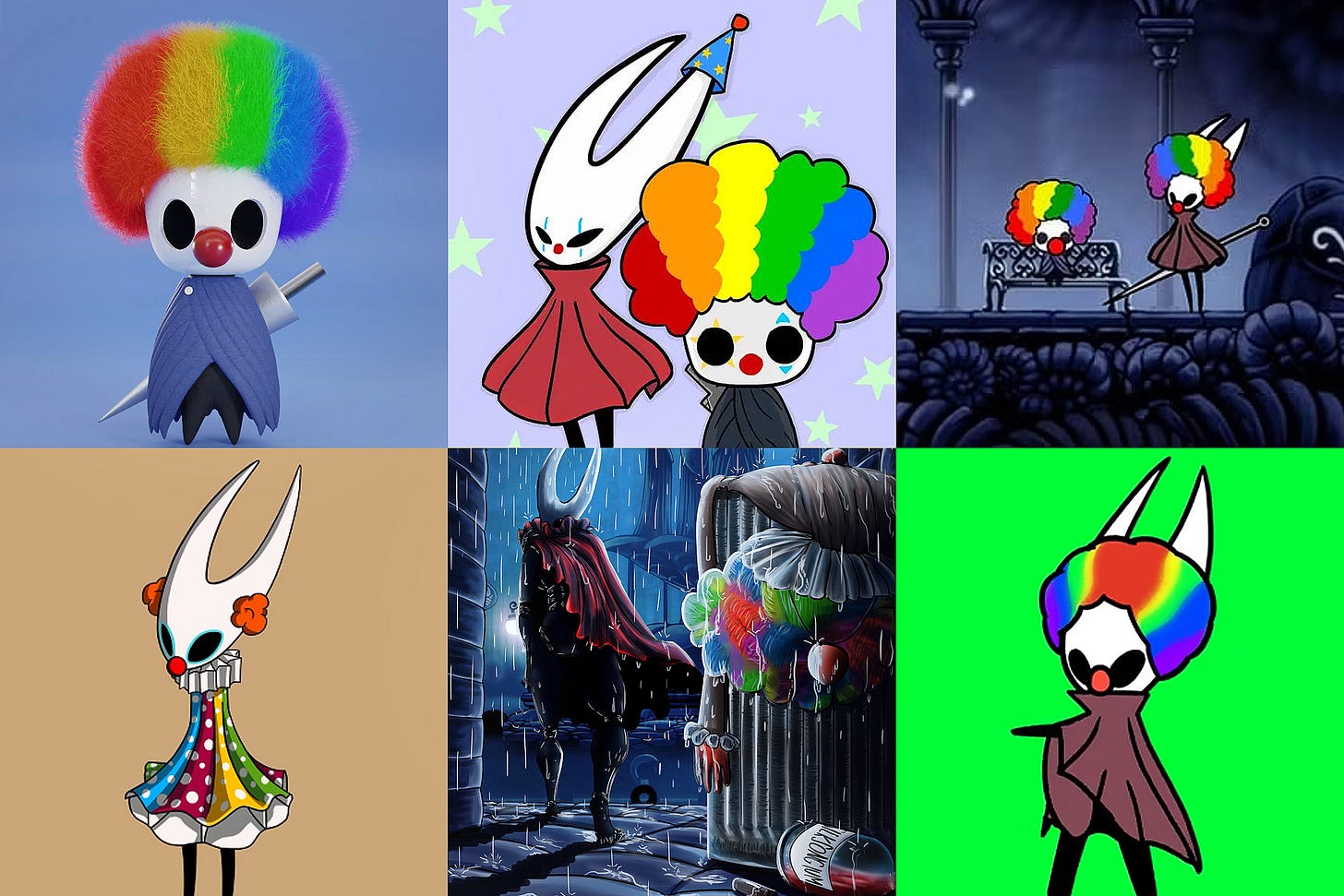 Grid of six varied images showing Hollow Knight and Hornet characters wearing clown wigs and makeup.