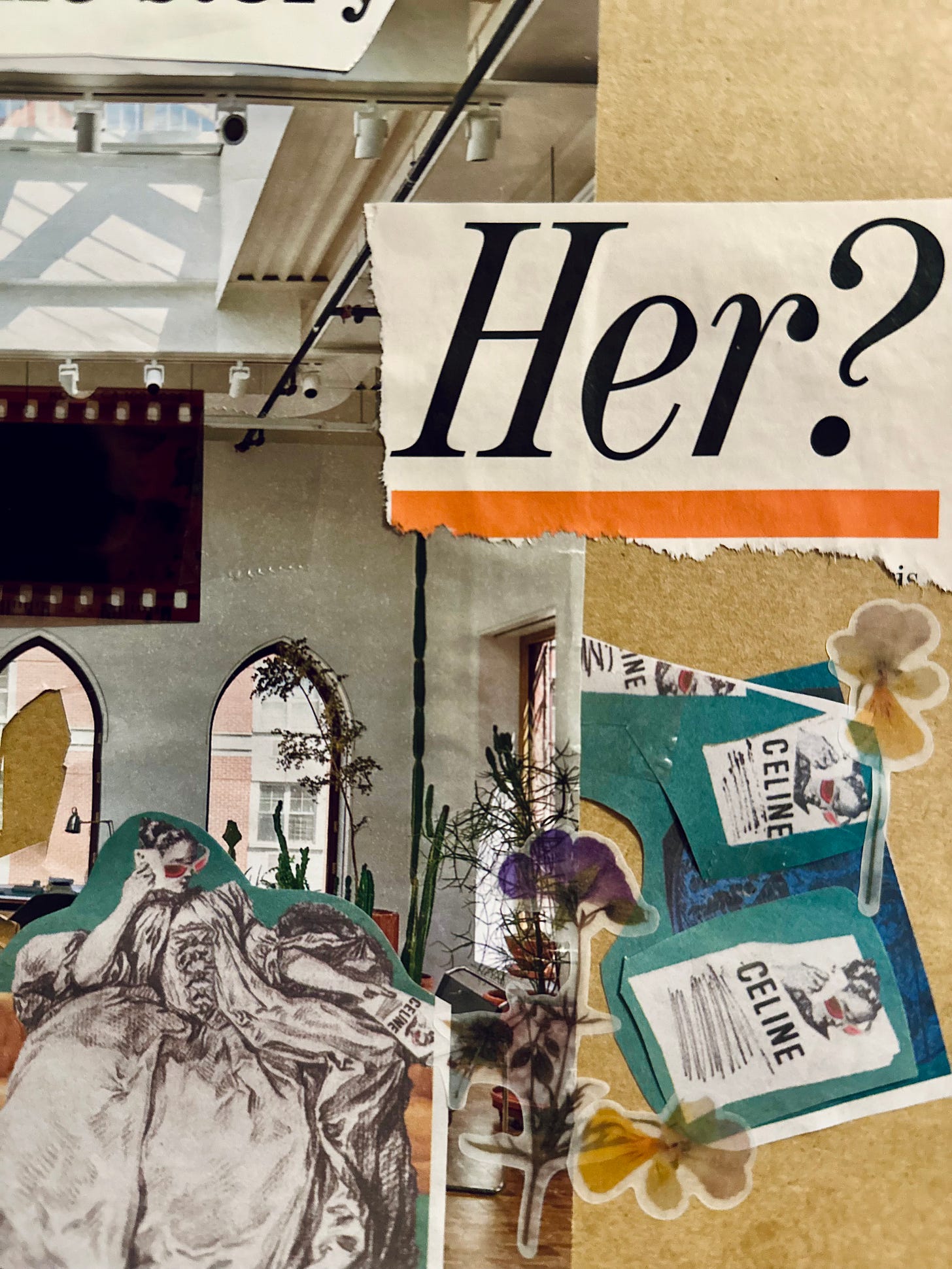 close up of collage, zoomed in on words "Her?" and cutout of woman on couch