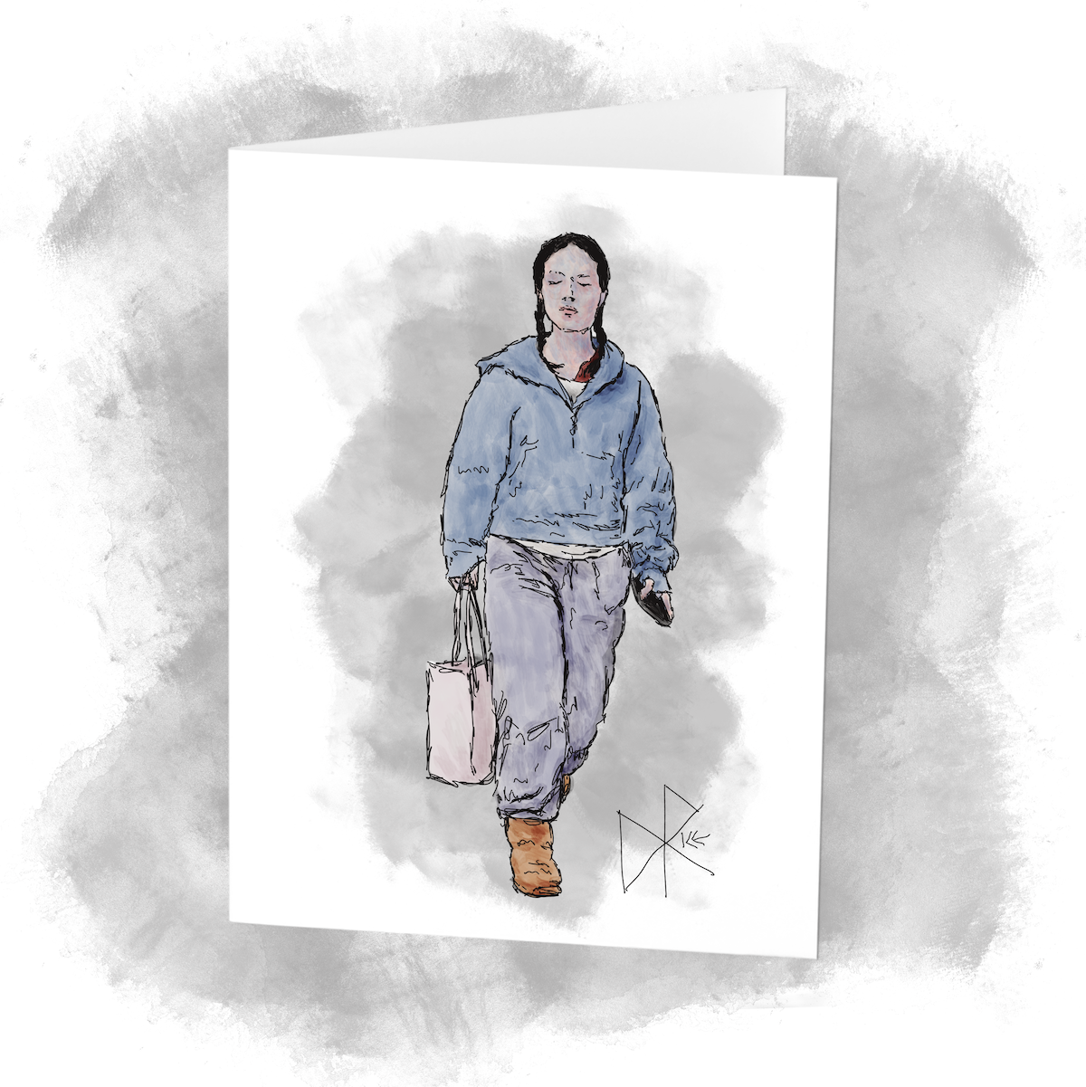 A woman walking, dressed in a sweatshirt and sweatpants and Uggs. She carries a bag in one hand and phone in the other. Sketch art by Don Rice.