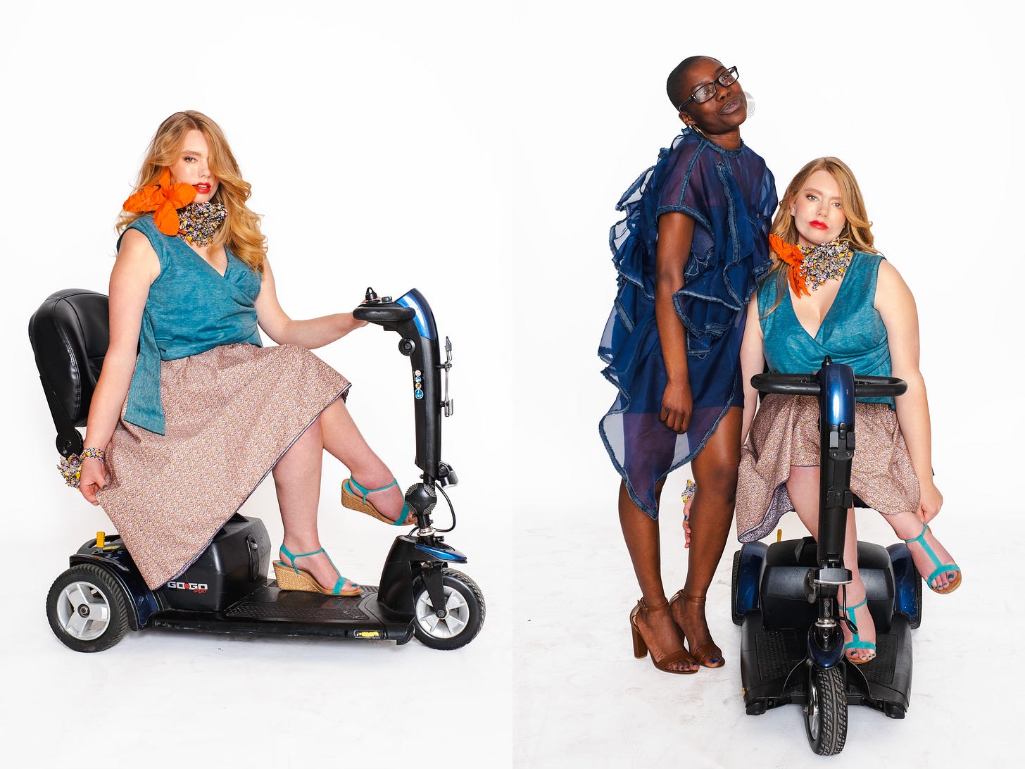 Two editorial fashion portraits. The left shows a blonde model on a mobility scooter, wearing a blue top and patterned skirt. The right shows her posing with a Black model who wears a striking, sheer, ruffled blue dress. Both models have confident, high-fashion expressions.
