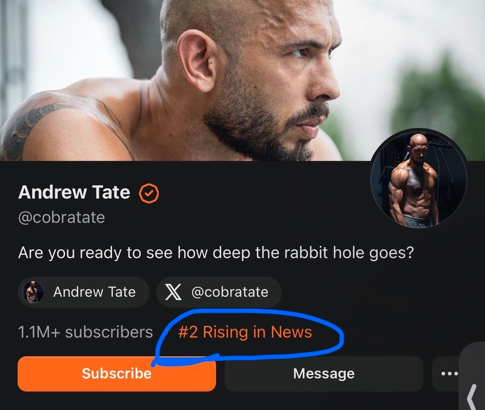Substack Chooses Andrew Tate Over the Human Race