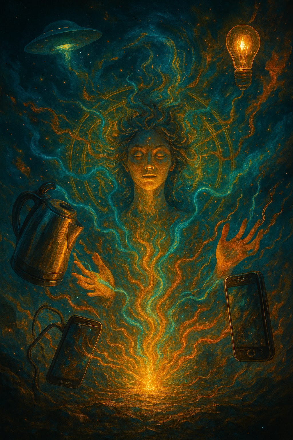 A surreal cosmic illustration of a serene, glowing figure with closed eyes surrounded by swirling teal and gold energy. Everyday objects — a kettle, two smartphones, a light bulb, and a floating UFO — orbit around them, as if reacting to their emotional state. The scene blends sci-fi and mystical elements, symbolising synchronicity and the sense that the world is responding to a person's inner feelings.