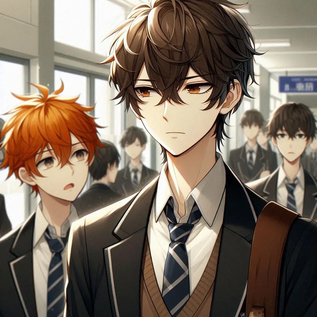 a young man with brown hair standing in a busy privateschool hallway facing another student with orange hair who looks concerned and said for the student with brown hair. dark anime art style. a young man with brown hair standing in a busy privateschool hallway facing another student with orange hair who looks concerned and said for the student with brown hair. dark anime art style.