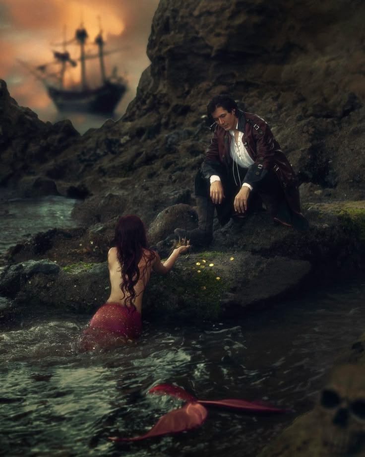 This may contain: a man and woman sitting on rocks in the water with a pirate ship in the background
