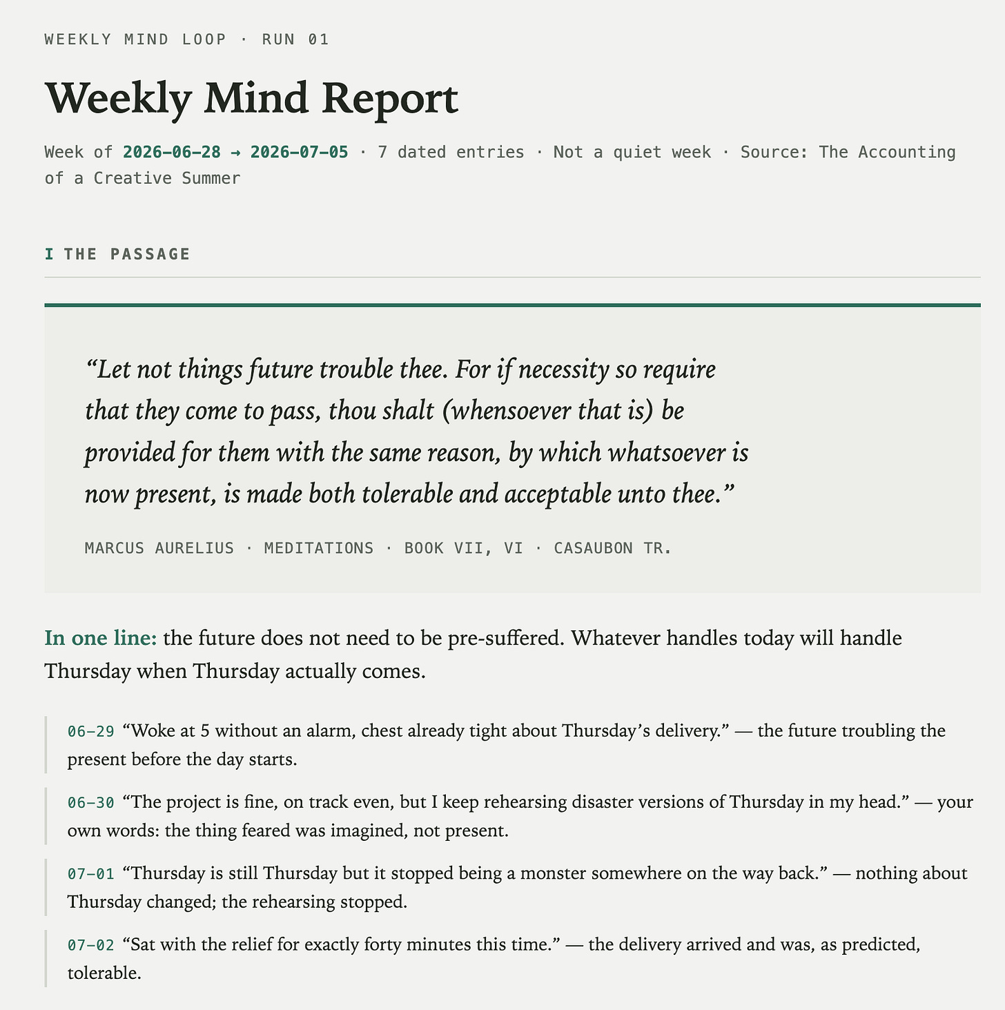 Weekly self-reflection report pairing dated journal entries with a Marcus Aurelius passage.
