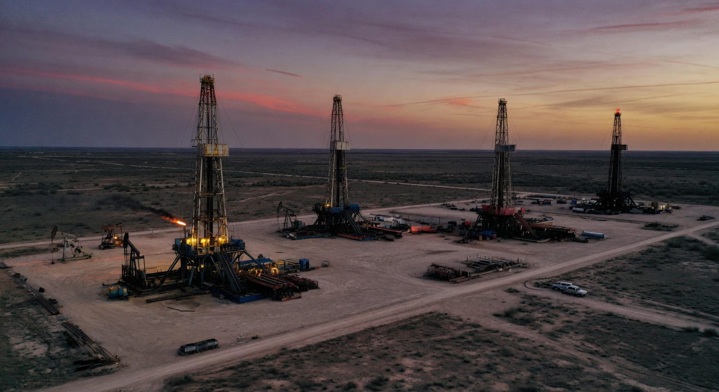 Four oil drilling rigs operating at sunset in desert oil field