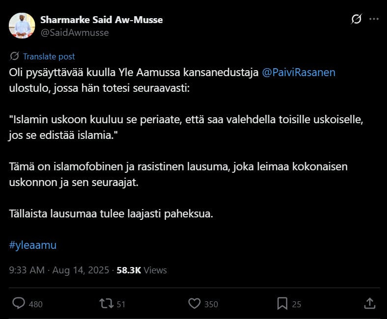 Ironisinta on, kuinka Myyrmäen ISIS-imaami uhriutui, valkopesi, kaunisteli ja valehteli juuri sillä tavalla, kuin Päivi Räsänen "‘taqqiyaasta’ kertoikin Yleisradion livelähetyksessä. Ironisinta on, kuinka Myyrmäen ISIS-imaami uhriutui, valkopesi, kaunisteli ja valehteli juuri sillä tavalla, kuin Päivi Räsänen "‘taqqiyaasta’ kertoikin Yleisradion livelähetyksessä.