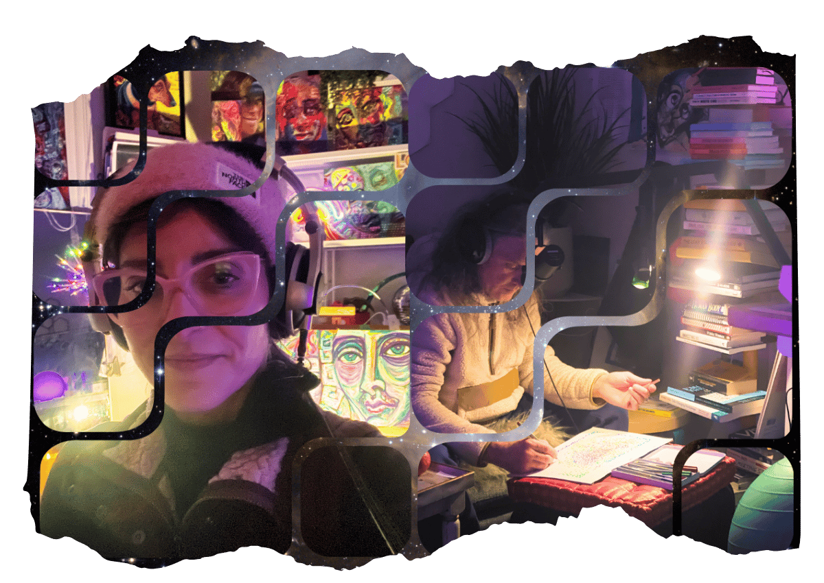 Two artists in their studio while the power is out during a snowstorm 