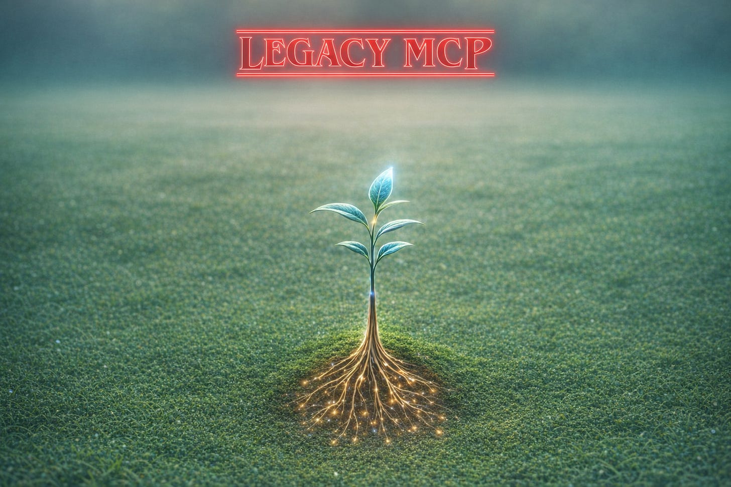 Immagine con il titolo “LEGACY MCP” in stile neon rosso su uno sfondo verde sfocato. Al centro della scena cresce una giovane pianta con due foglie. La parte superiore è visibile in superficie, mentre sotto il terreno è mostrato un apparato radicale luminoso e ramificato.