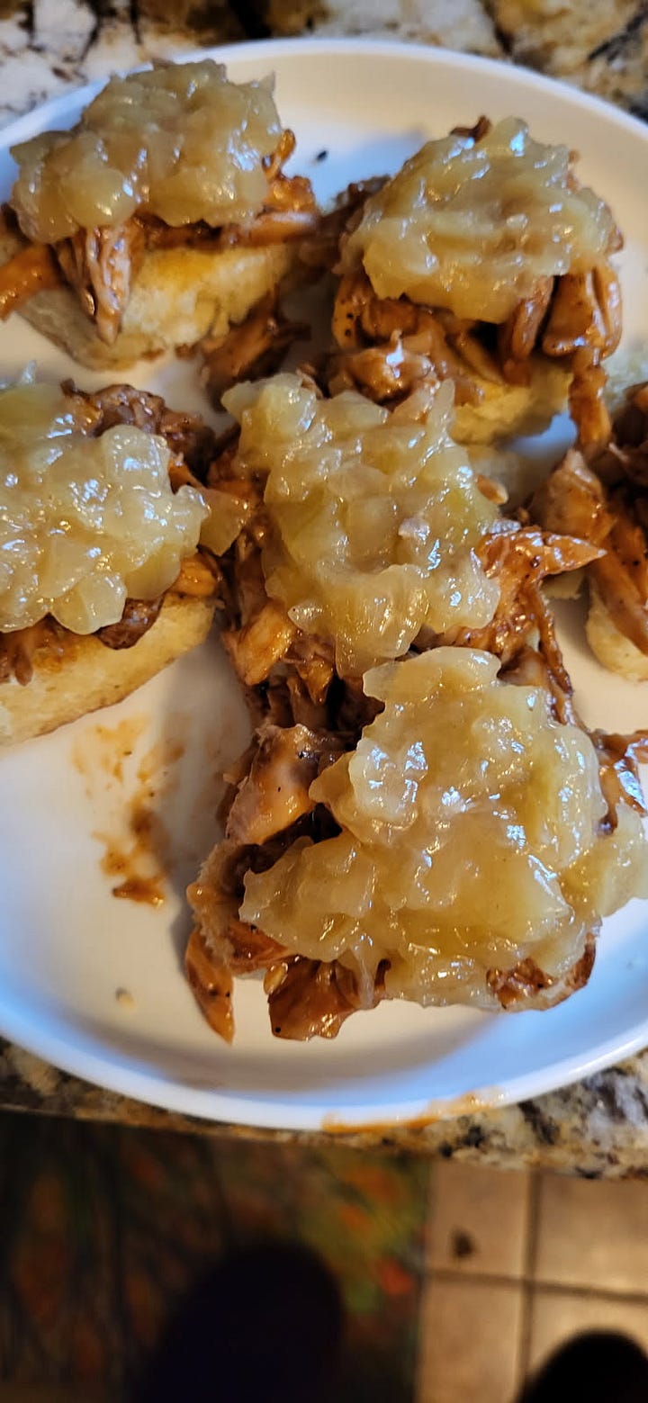 Five photos: dinner rolls topped with black and white sesame seeds; a dinner roll being pulled apart by two hands to show the flaky center; a roll cut in half with fig jam on one side and salmon salad on the other; a roll topped with BBQ chicken and caramelized onion jam; and a finished BBQ slider